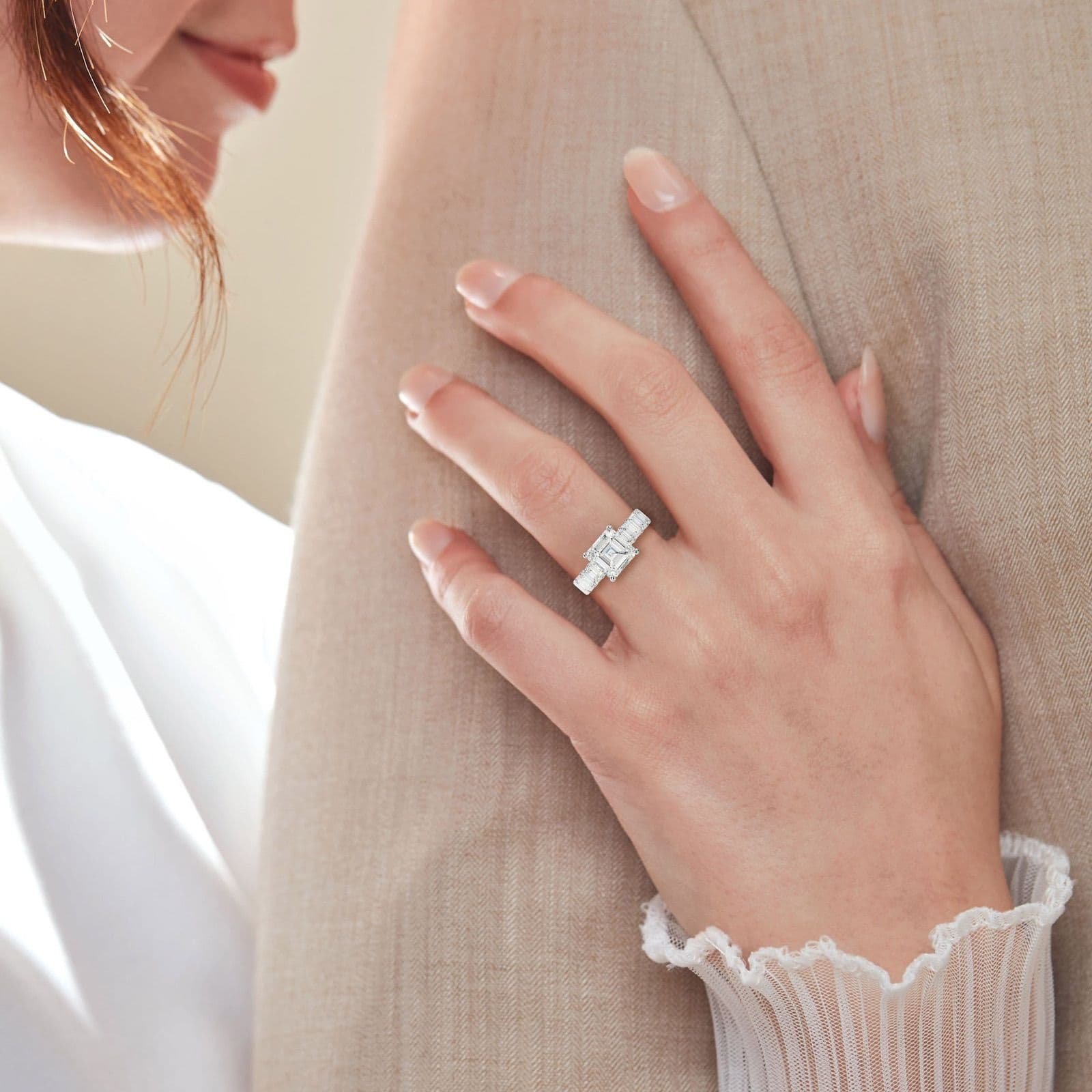 Jazmine Asscher Diamond Engagement Ring With Emerald Cut Side Stones