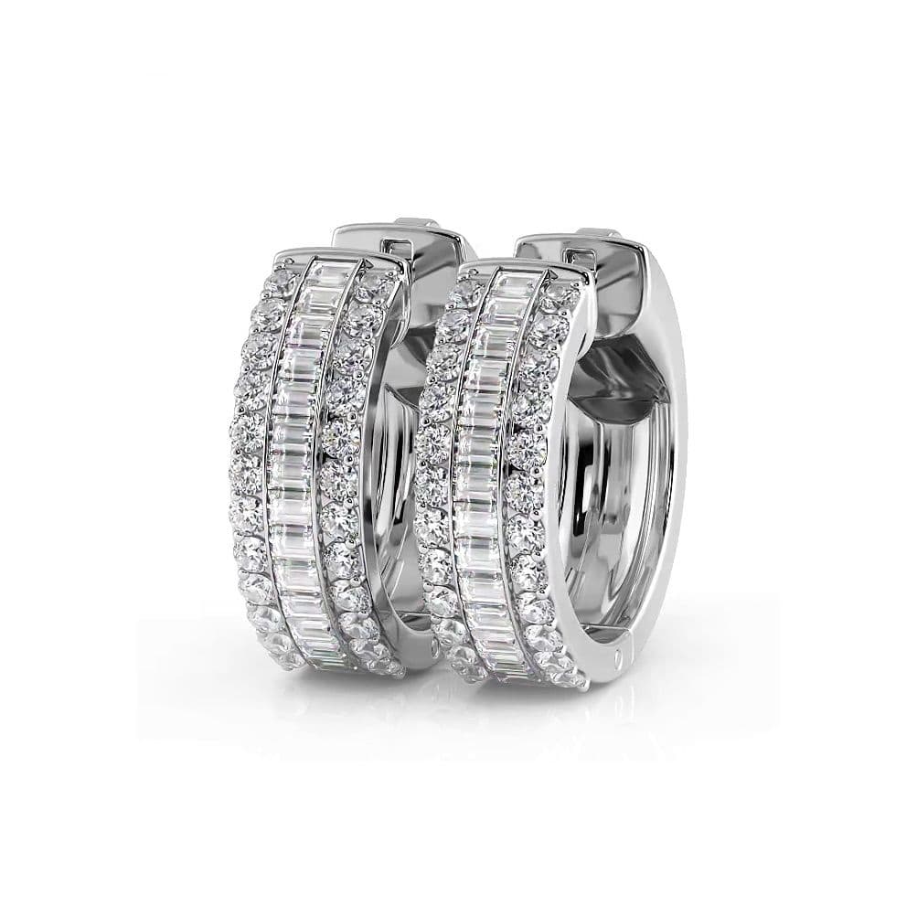 Three Row Round and Baguette Diamond Hoop Earrings Huggie Style
